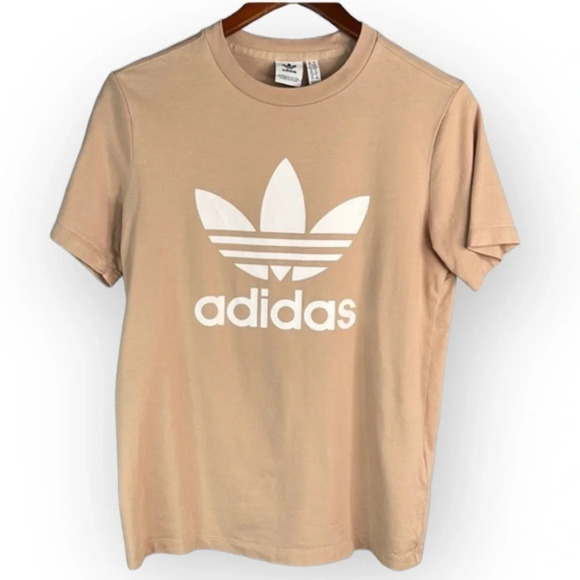 ADIDAS Tan Trefoil 3 Stripes Graphic Logo TShirt Sporty Crewneck Short Sleeve M - Picture 2 of 11